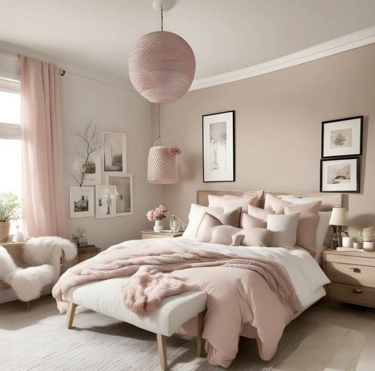 a bedroom with pink and white decor in shades of beige, light pink and neutral