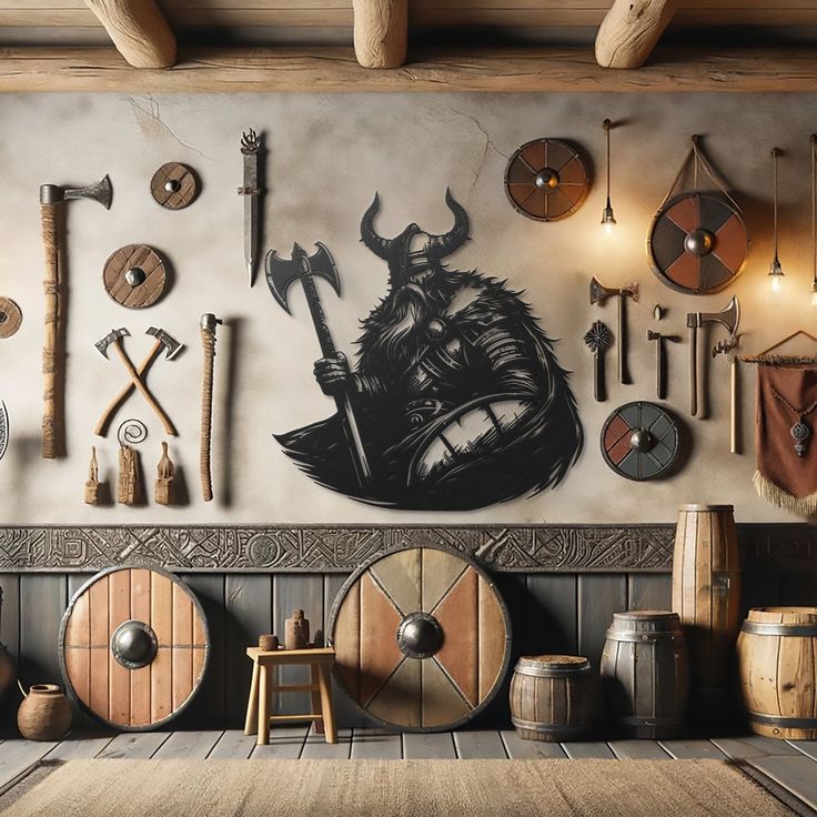 a room filled with lots of wooden barrels next to a wall covered in viking symbols