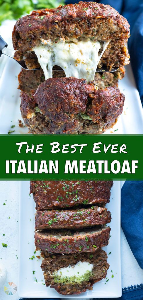 the best ever italian meatloaf recipe on a white plate with text overlay