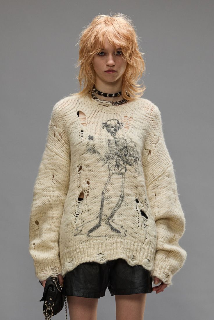 Distressed oversized sweater featuring a printed skeleton graphic. Color: Cream 100% Wool R13WY089-Y142B Imported Sweater Oversized Outfit, Cream Sweater Outfit, Ripped Sweater, Skeleton Graphic, Distressed Sweater, Cutout Sweater, Ribbed Maxi Dress, Oversized Outfit, Portfolio Ideas