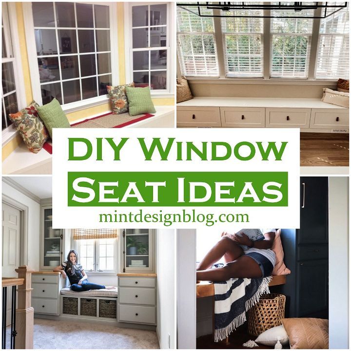 a collage of photos with the words diy window seat ideas in green and white