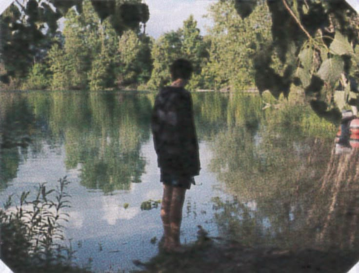 a man standing in front of a body of water next to a forest filled with trees