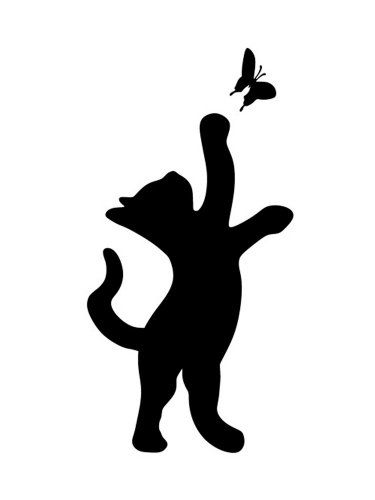 a black and white silhouette of a cat catching a butterfly