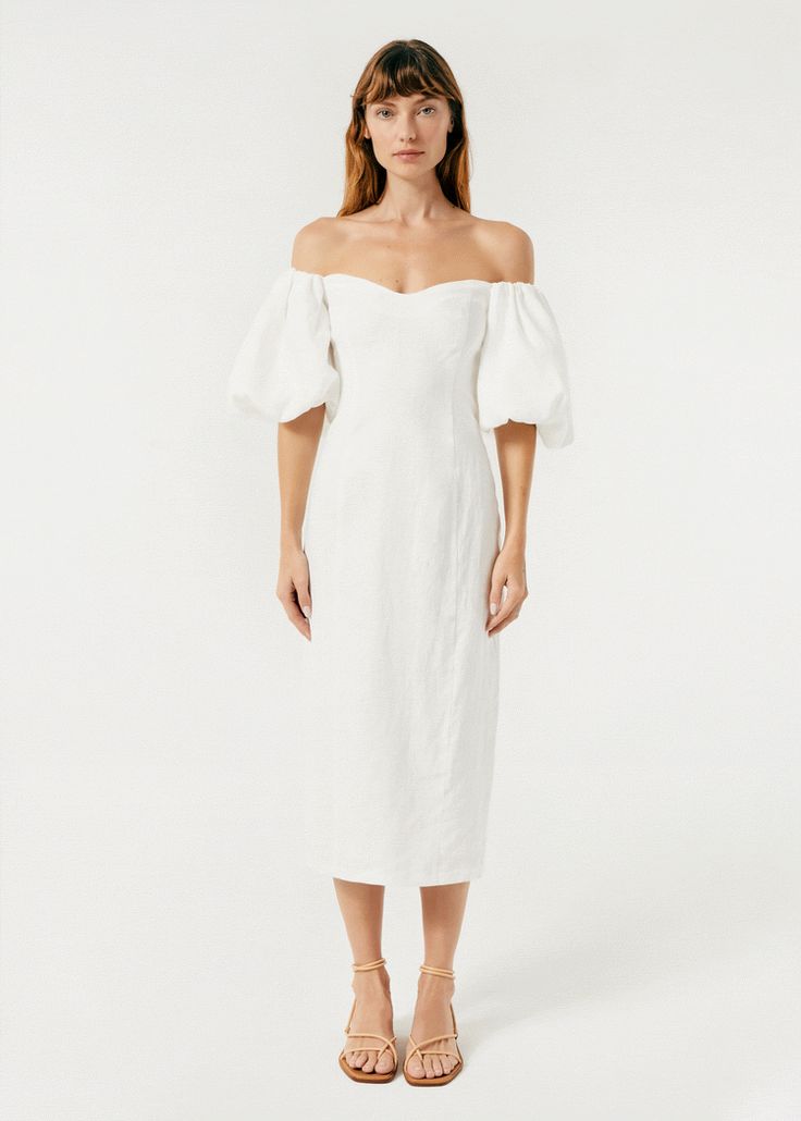 Linen Karima Off The Shoulder Midi Dress | White Fitted Linen Dress For Garden Party, Elegant Linen Puff Sleeve Dress, Linen Dresses With Sweetheart Neckline For Spring, Spring Linen Dress With Sweetheart Neckline, Elegant Linen Dress With Square Neck For Brunch, Spring Linen Dress With Fitted Bodice, White Linen Midi Dress With Straight Neckline, Elegant Linen Puff Sleeve Dress For Brunch, Elegant Square Neck Linen Dress For Brunch