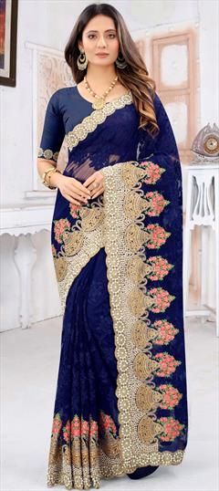 Blue color Saree in Net fabric with Embroidered, Moti, Resham, Stone, Thread, Zari work Blue Georgette Saree With Intricate Embroidery, Blue Georgette Embroidered Fabric For Wedding, Blue Traditional Wear With Intricate Embroidery In Georgette, Blue Embroidered Fabric For Diwali, Blue Anarkali Embroidered Fabric With Resham Embroidery, Semi-stitched Blue Embroidered Saree Fabric, Blue Embroidered Fabric For Anarkali Suits With Resham Embroidery, Embroidered Blue Saree For Eid, Semi-stitched Blue Embroidered Fabric For Saree