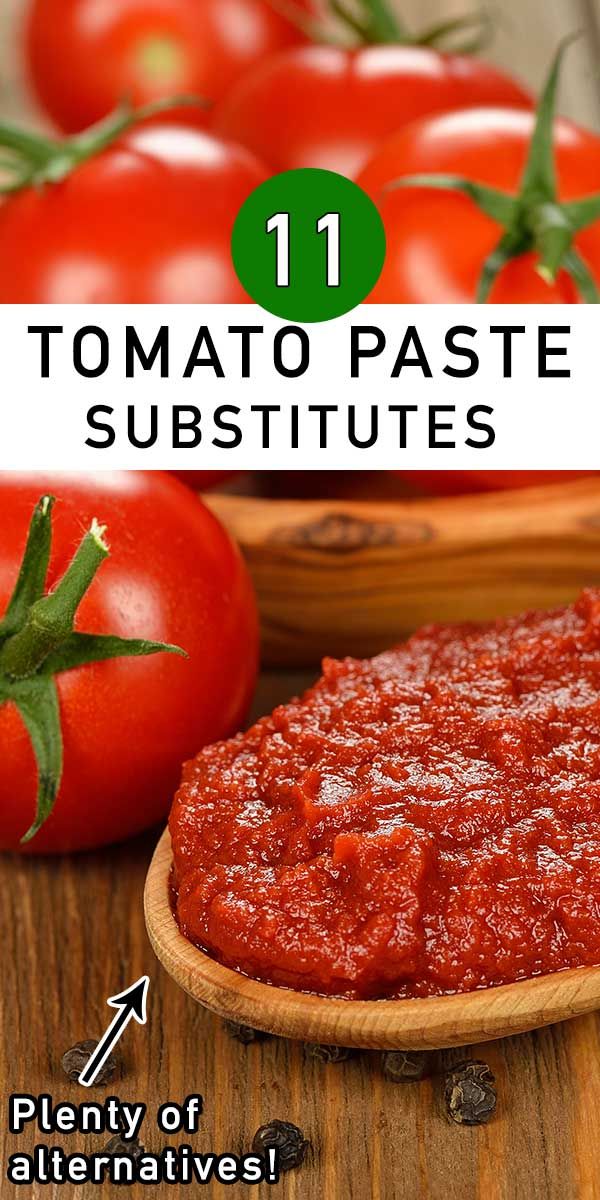 tomato paste and tomatoes on a cutting board with text overlay that reads 11 tomato paste subtitues