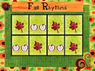 the fall rhythms game is shown with leaves and apples on green background