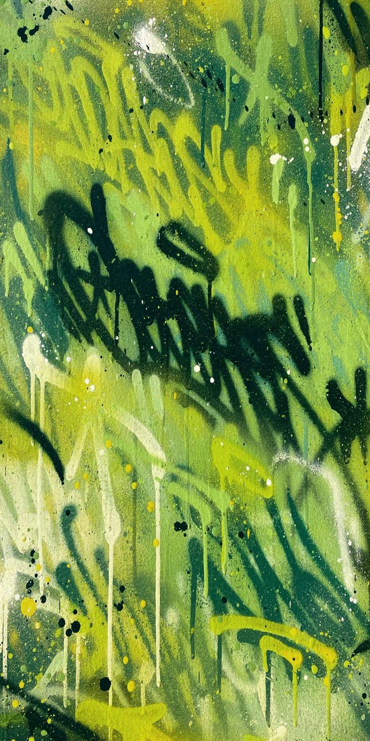 an abstract painting with green, yellow and black paint splattered all over it