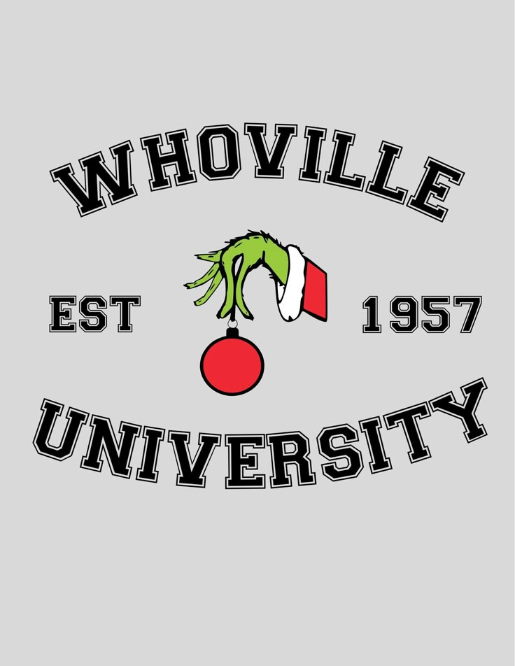 the logo for whovillee university with an elf's hat and christmas balls