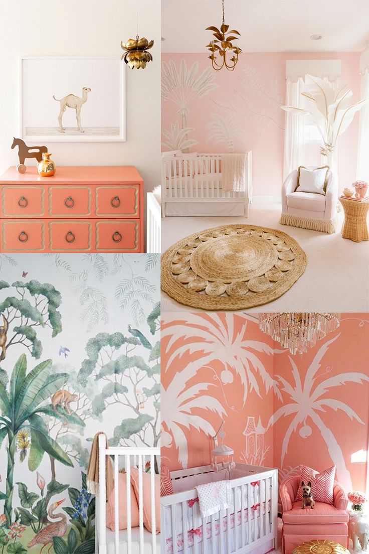 pink and gold nursery room with palm tree wallpaper, baby crib bedding, dresser