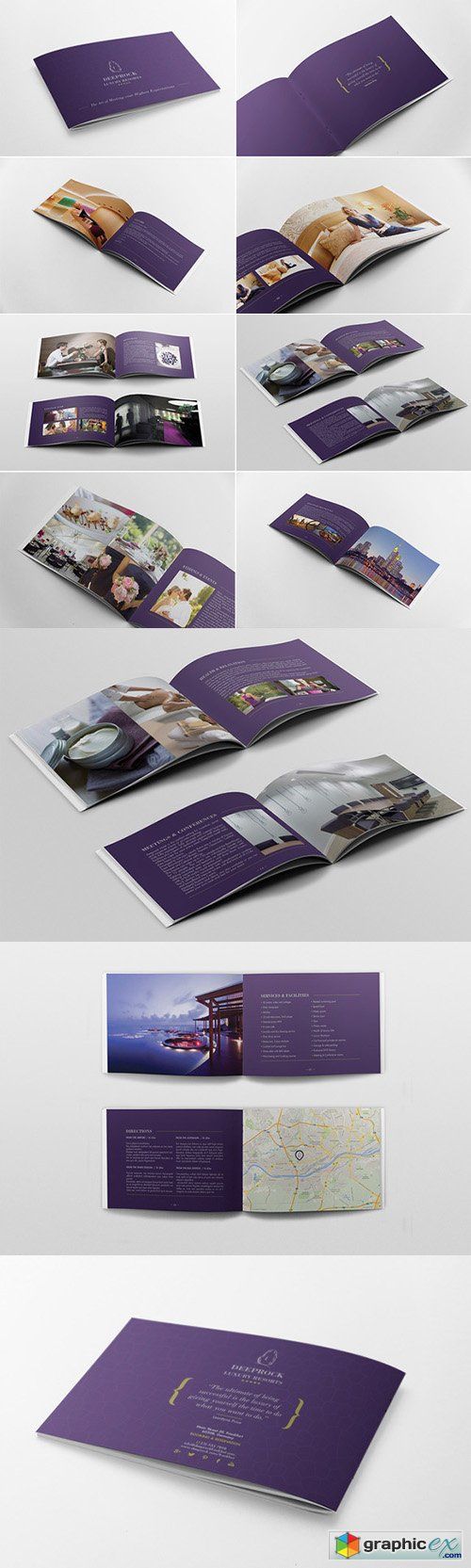 an open brochure is shown with purple pages