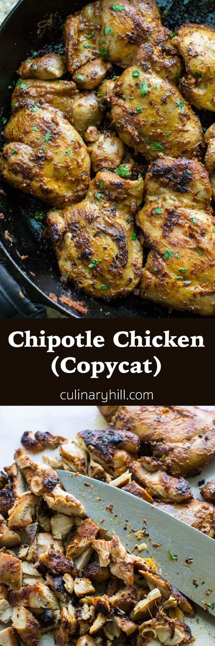 chicken is being cooked in a skillet with the words chipotle chicken copycat