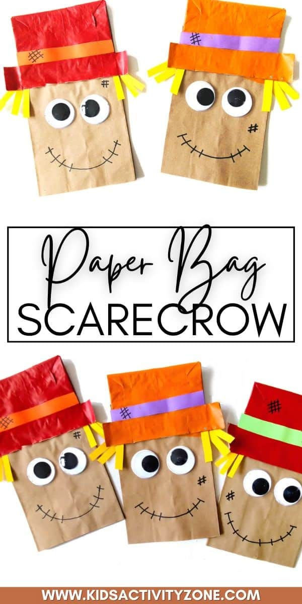 paper bag scarecrow craft for kids with the title overlay that reads, paper bag scarecrow