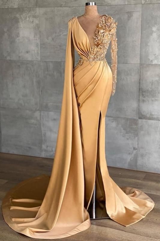 Long sleeves V-neck Mermaid Long Evening Dress with Shawl - Gold - Prom Dresses Glitter Prom Dresses, Dress With Shawl, Evening Dresses With Sleeves, Long Evening Dress, فستان سهرة, Mermaid Evening Dresses, Dresses 2024, Looks Chic, Party Dress Long