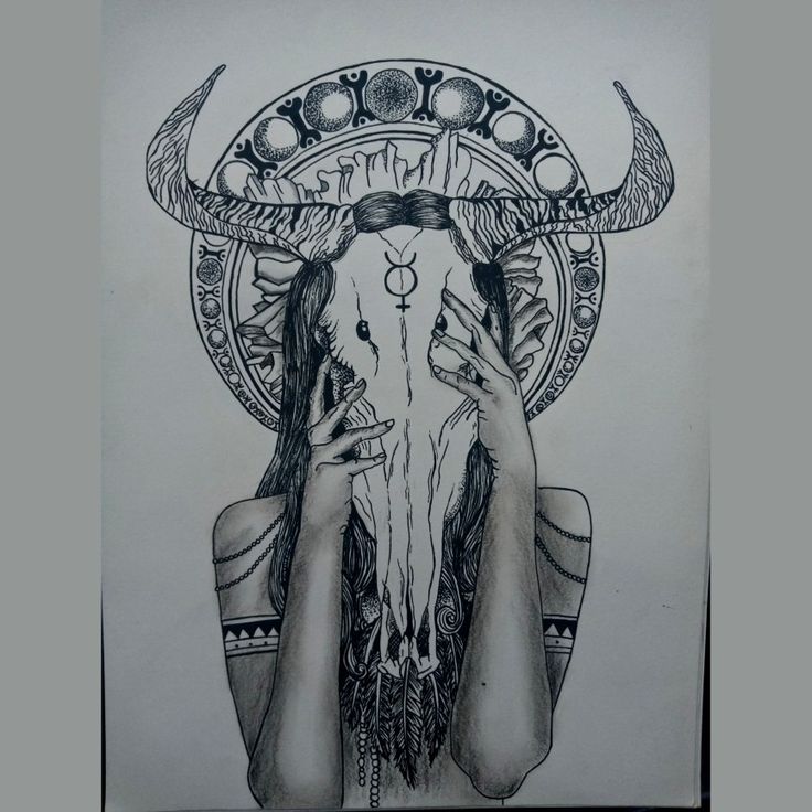 a drawing of a woman with long hair holding a bull's skull in front of her face