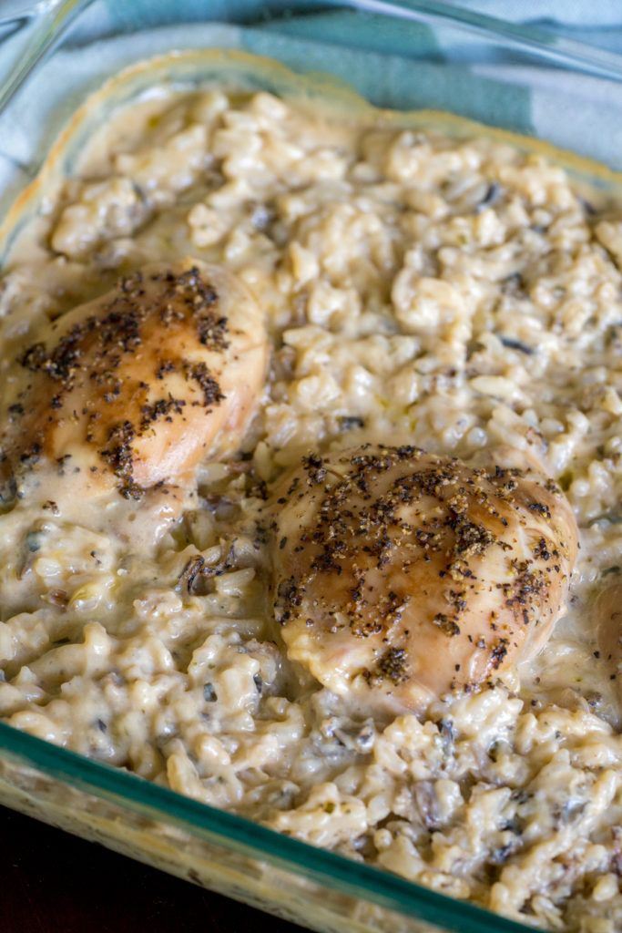 chicken and rice casserole in a glass dish