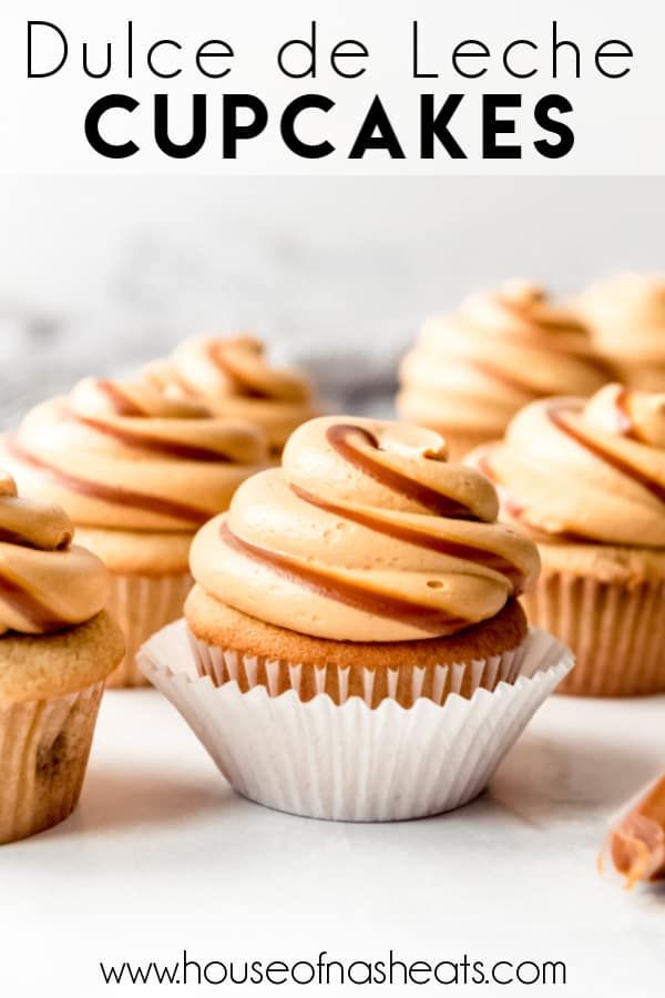 some cupcakes with frosting on top and the words, dulce de leche cupcakes