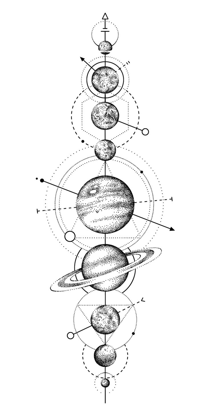 a drawing of the solar system in black and white