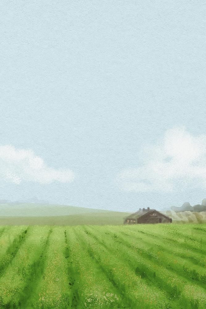 a painting of a farm field with green grass