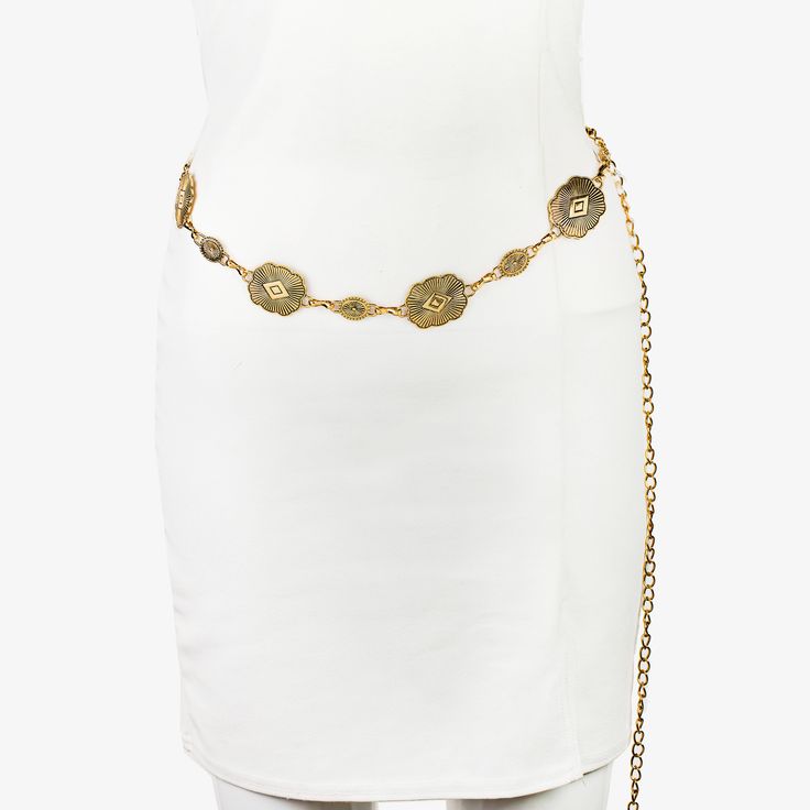 Step up your accessory game with our Ornate Chain Belt! This statement piece adds a touch of sophistication and style to any outfit. The ornate design and quality chain make it a versatile and durable addition to your wardrobe. Elevate your look and feel confident with our Ornate Chain Belt. New Item 100%Alloy Approximate Length: 36" Elegant Metal Jewelry With Chain Strap, Adjustable Metal Chain Belt, Elegant Gold Chain Link Body Chain, Gold Jewelry With Metal Decoration, Adjustable Vintage Chain Belt, Gold-tone Metal Chain Necklace With Chain Strap, Silver Elegant Chain Link Waist Chain, Trendy Metal Body Chain With Chain Strap, Gold-tone Metal Chain Necklace