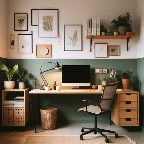 a home office with green walls and pictures on the wall