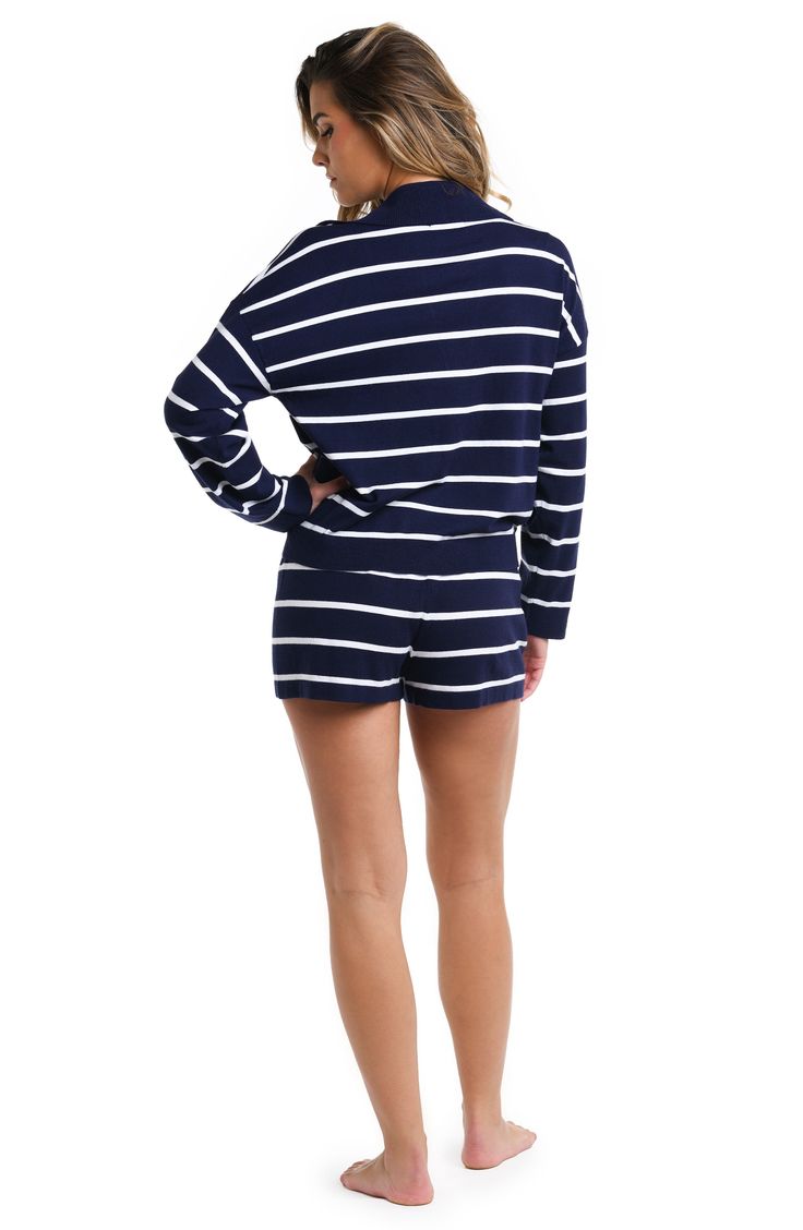 A johnny collar tops this striped cover-up top rendered in an oversized fit that's cool and casual. Johnny collar Long sleeves Viscose/polyester/nylon Hand wash, line dry Imported Sporty Striped V-neck Top, Striped Crew Neck Tops For Vacation, Blue Tops With Signature Stripes For Summer, Striped Long Sleeve Beach Top, Striped Long Sleeve Top For Beach, Long Sleeve Striped Beach Top, Beach Tops With Vertical Stripes And Relaxed Fit, Vertical Stripes Long Sleeve Top For Day Out, Casual Summer Tops With Signature Stripes