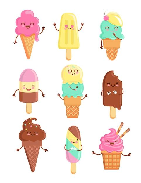 an assortment of ice creams with faces and hands