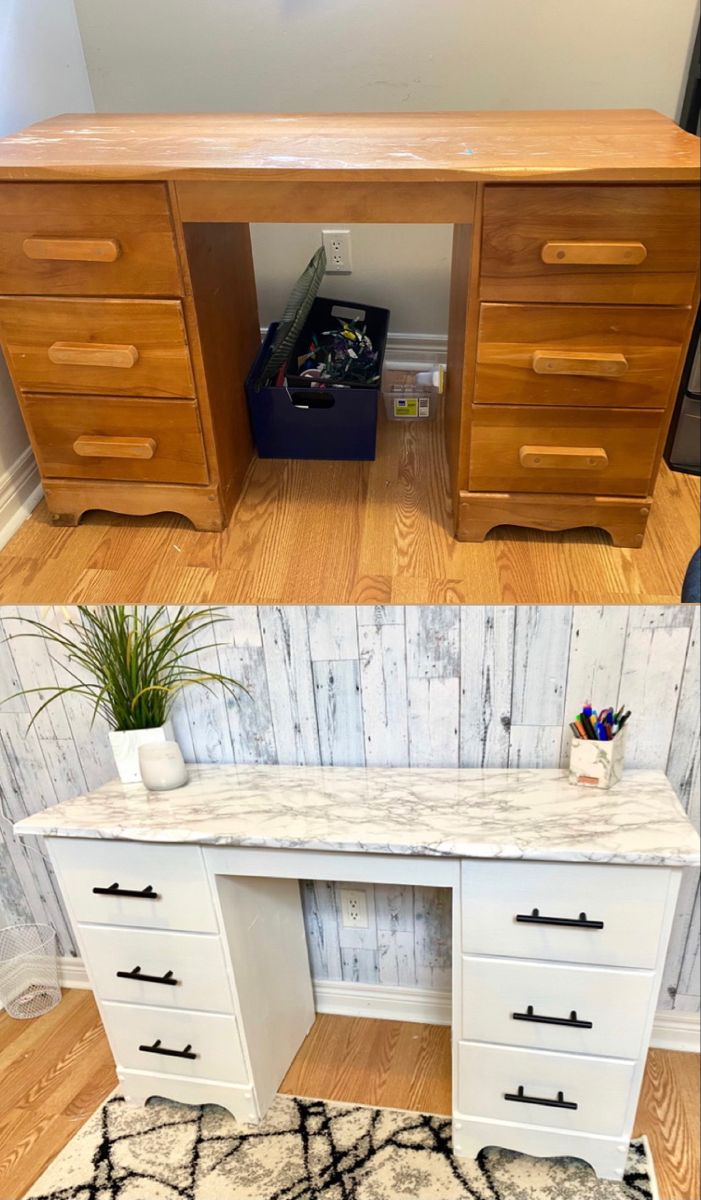 two different views of a desk with drawers