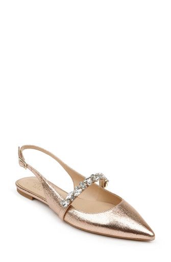 JW3304 | Bambi Pointed Toe Sling Back A classic sling back is a wardrobe staple for its versatility and no-frills design. With a sharp, pointed toe and low vamp, the flat-soled Bambi features a decorative strap across the middle of the foot to add a pop of glamour without any fuss. It’s easy to dress this shoe up or down or to take from day to night. Slingback Closed, pointed toe Ankle strap closure Crystal embellished strap Flat shoe Available in Satin and Metallic (metallic nappa pu) German (t Jewel Badgley Mischka, Evening Flats, Gold Shoes, Gorgeous Shoes, Slingbacks, Evening Shoes, Pointed Toe Flats, Sling Back, Badgley Mischka