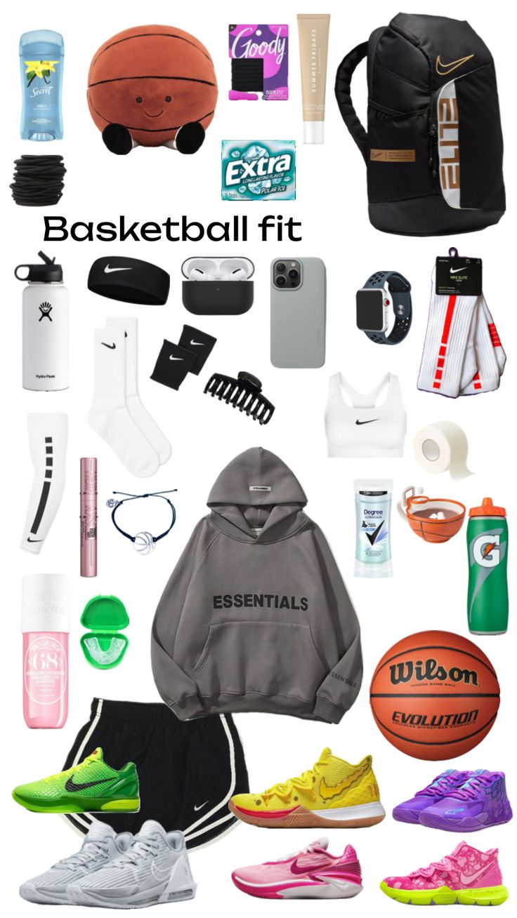 an assortment of sports items including shoes, backpacks and other things to pack for the basketball game