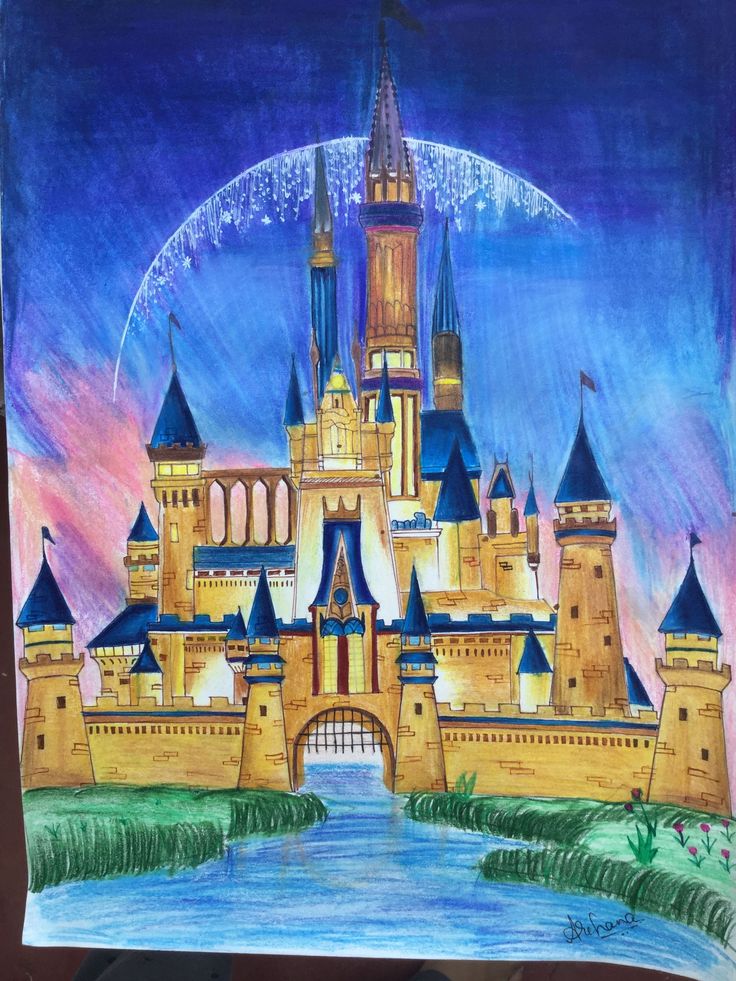 a drawing of a castle with fireworks in the sky