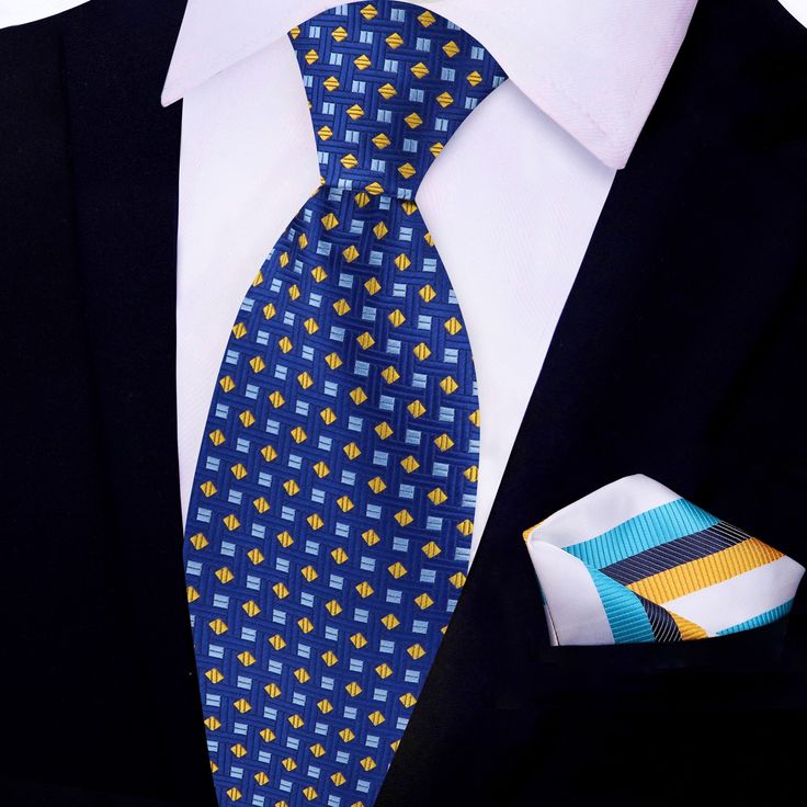 This blue silk necktie, featuring light blue and yellow geometric shapes, is a modern and eye-catching accessory that adds a splash of color and style to your wardrobe. The geometric pattern is both contemporary and versatile, making it a great choice for various occasions. Dress Shirts: White Dress Shirt: A classic white dress shirt enhances the tie's bold colors, providing a crisp and clean contrast that allows the geometric shapes to stand out prominently. Light Blue Dress Shirt: A light blue Modern Blue Ties For Business, Modern Blue Tie For Business, Modern Blue Ties For Formal Occasions, Blue Tie With Pocket Square For Business, Blue Ties With Pocket Square For Business, Blue Ties With Pocket Square For Office, Modern Blue Suit And Tie Accessories For Formal Occasions, Modern Blue Suit And Tie Accessories For Formal, Light Blue Dress Shirt