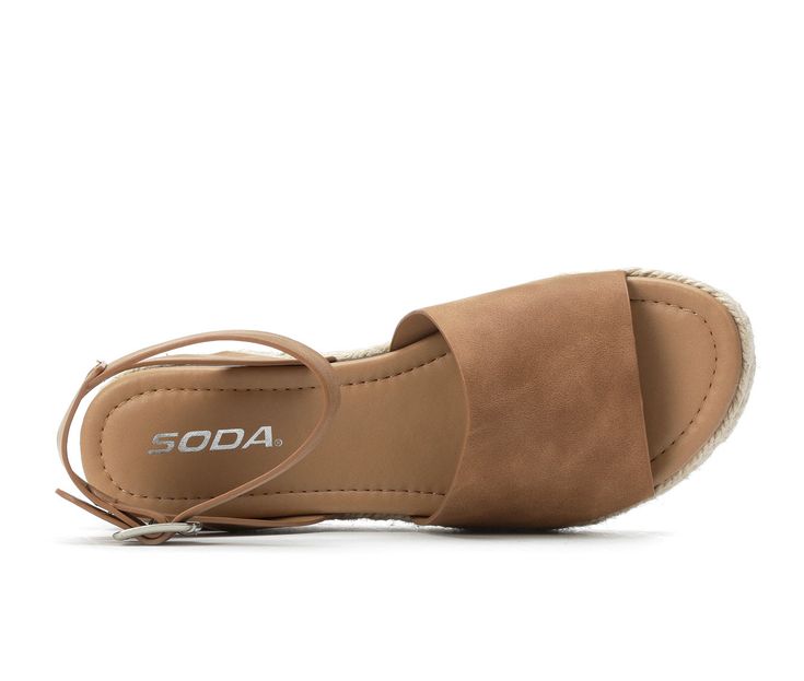 Synthetic upper,Adjustable buckle closure strap at ankle,2 1/4 inch wedge heel height,1 1/2 inch platform height,Open toe,Smooth footbed,Espadrille wrapped midsole,Durable outsole,Smooth strap lining | Women's Soda Topic Flatform Sandals in Tan Size 6.5 Medium Brown Slingback Sandals For Beach Season, Summer Footbed Sandals With Open Heel, Synthetic Open Heel Footbed Sandals For Summer, Summer Synthetic Footbed Sandals With Open Heel, Summer Synthetic Open Heel Footbed Sandals, Spring Beach Footbed Sandals With Ankle Strap, Cushioned Footbed Sandals With Open Heel For Beach, Spring Beach Footbed Sandals With Open Heel, Open Heel Summer Beach Sandals