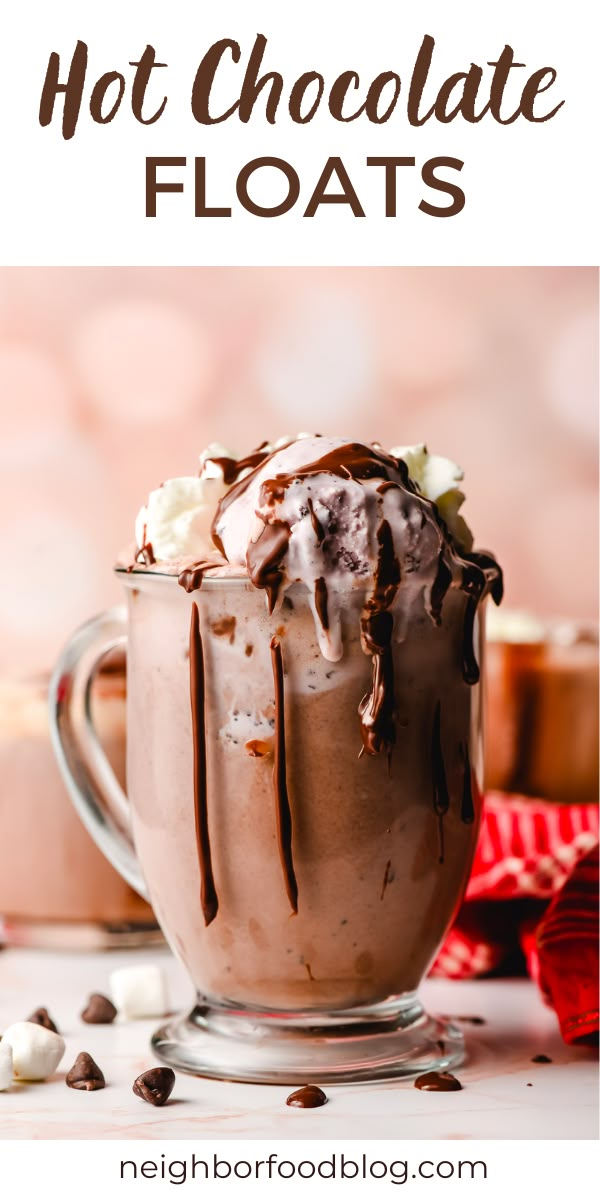 hot chocolate floats in a mug with marshmallows on the side and text overlay