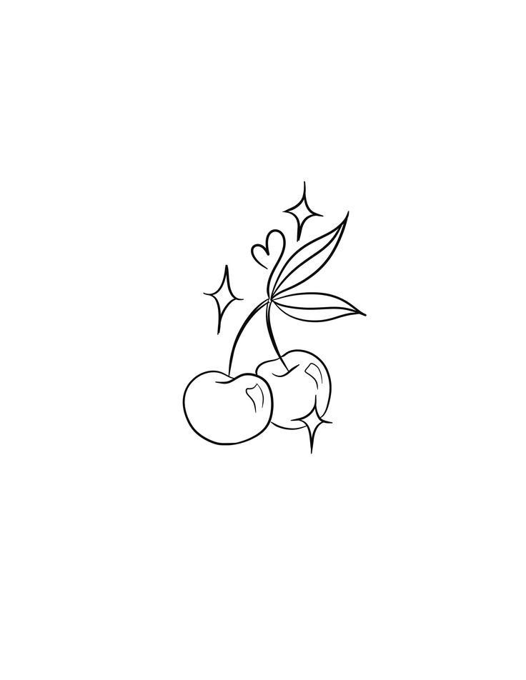 a black and white drawing of two cherries on a branch with leaves, stars and berries