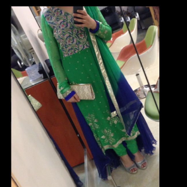 One Of My Favorite Shalwar Kameez!!! I Got So Many Compliments On This Dress!! Size Small To Medium It Can Alter Green Unstitched Suit With Dabka Work For Formal Occasions, Green Zari Work Anarkali Set For Formal Occasions, Formal Green Anarkali Set With Dabka Embroidery, Formal Green Anarkali Set With Zari Work, Formal Green Anarkali Set With Dabka Detailing, Formal Green Anarkali Set With Dabka, Formal Green Dupatta With Dabka Detail, Formal Green Georgette Traditional Wear, Green Bollywood Anarkali Set For Formal Occasions