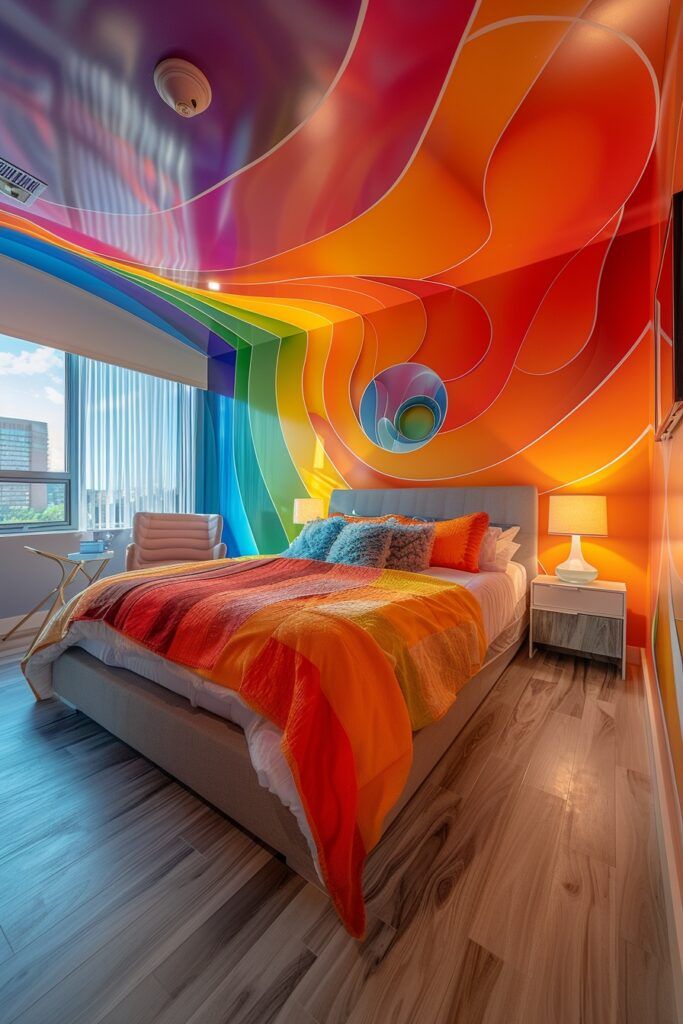 a bed room with a neatly made bed and a rainbow painted wall behind the bed