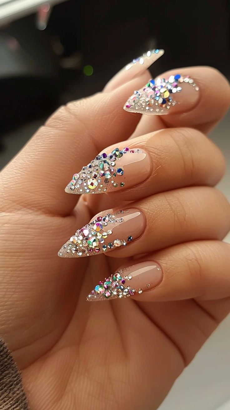 44 Crystal Nails Designs That Will Make You Sparkle and Shine 14 Gel X Nail Designs With Charms, Rinstonestone Nails, Chrome Nail Designs Almond, Bedazzled Nails Designs, Christmas Nails With Rhinestones, Gems On Nails, Nail Charm Ideas, Sinaloa Nails, Bedazzled Nails