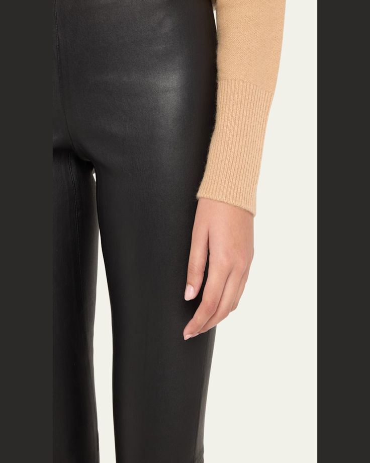 Vince paneled leggings crafted from supple leather    High rise    Flat front    Skinny legs    Cropped above the ankle    Pullon style    Professional clean only    Imported Elegant Stretch Leather Bottoms, Stretch Leather Straight Pants, Chic Tight Full-length Leather Pants, Chic Tight Full Length Leather Pants, Leather Full Length Fitted Leggings, Fitted Full-length Leather Leggings, Fitted Full Length Leather Leggings, Chic Full Length Leather Leggings, Elegant Leather Pants For Winter