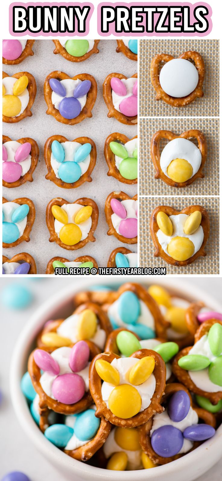 Bunny Pretzels pin with overlay text Easy Easter Sweet Treats, Easter Food To Make With Kids, Pretzel Chicks And Bunnies, Pretzel Easter Bunny, Pretzel Bunny Treats, Bunny Desserts For Easter, Easter Pretzel Ideas, Cute Easter Baking Ideas, Easter Bunny Dessert Ideas