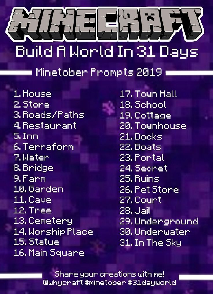 the minecraft build and world in 31 days list for november 2013, with text overlaid