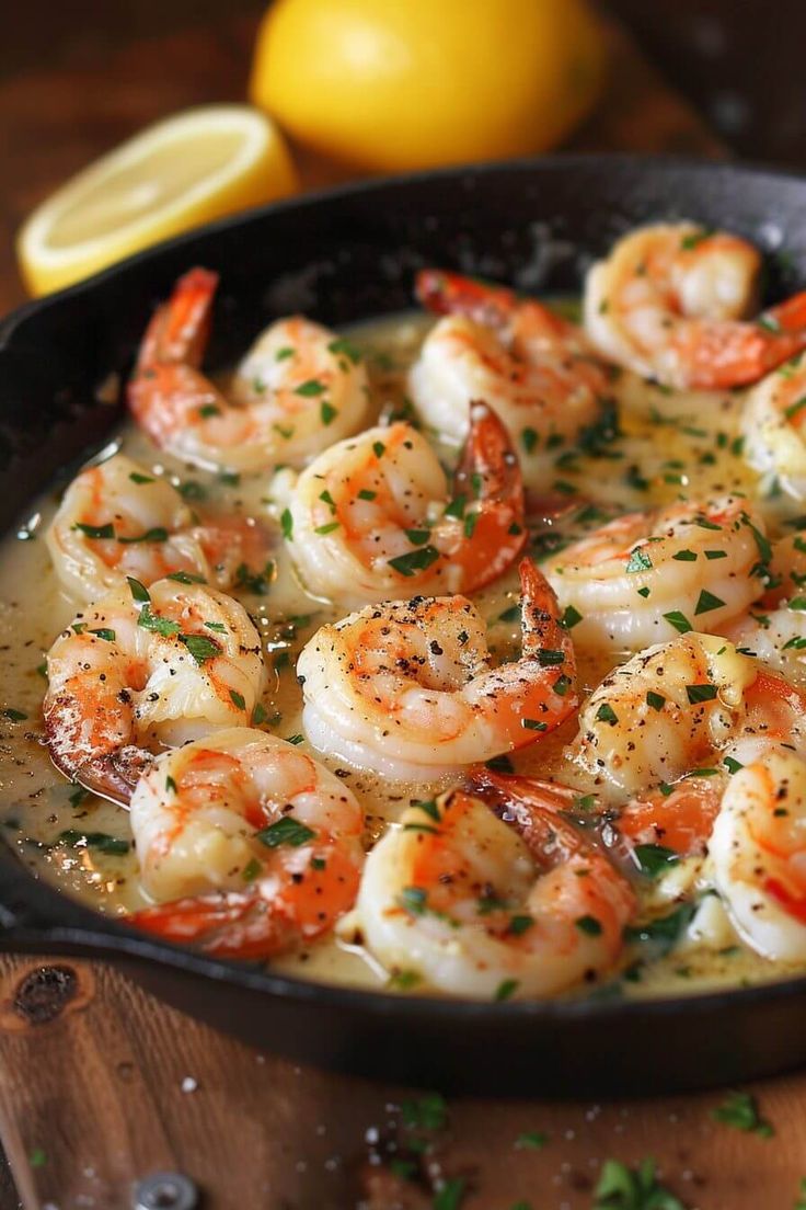 a skillet filled with shrimp and garnished with parsley next to lemon wedges