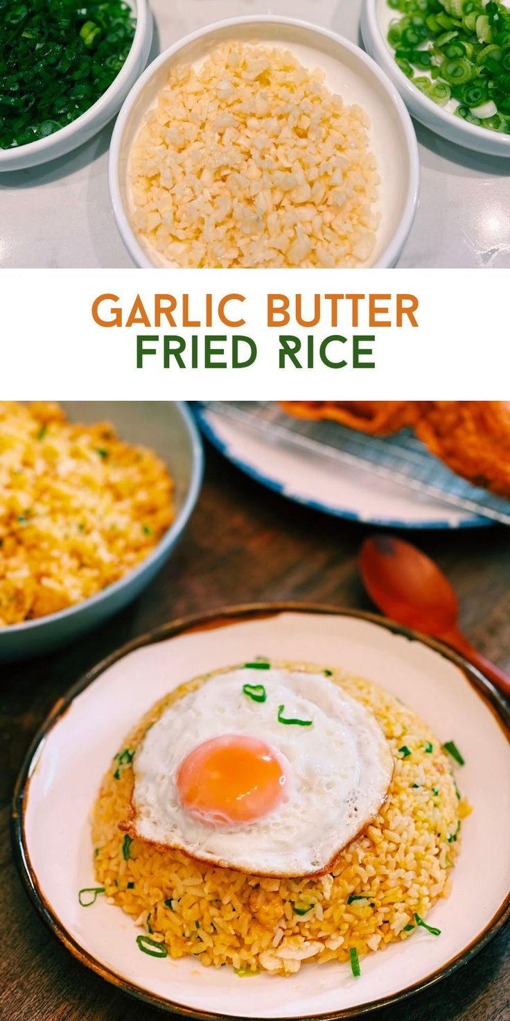 garlic butter fried rice on a plate with an egg in the middle and other dishes behind it