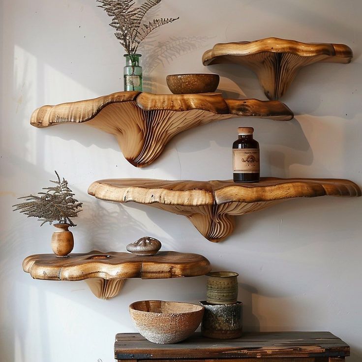 three wooden shelves on the wall with vases and other items in front of them