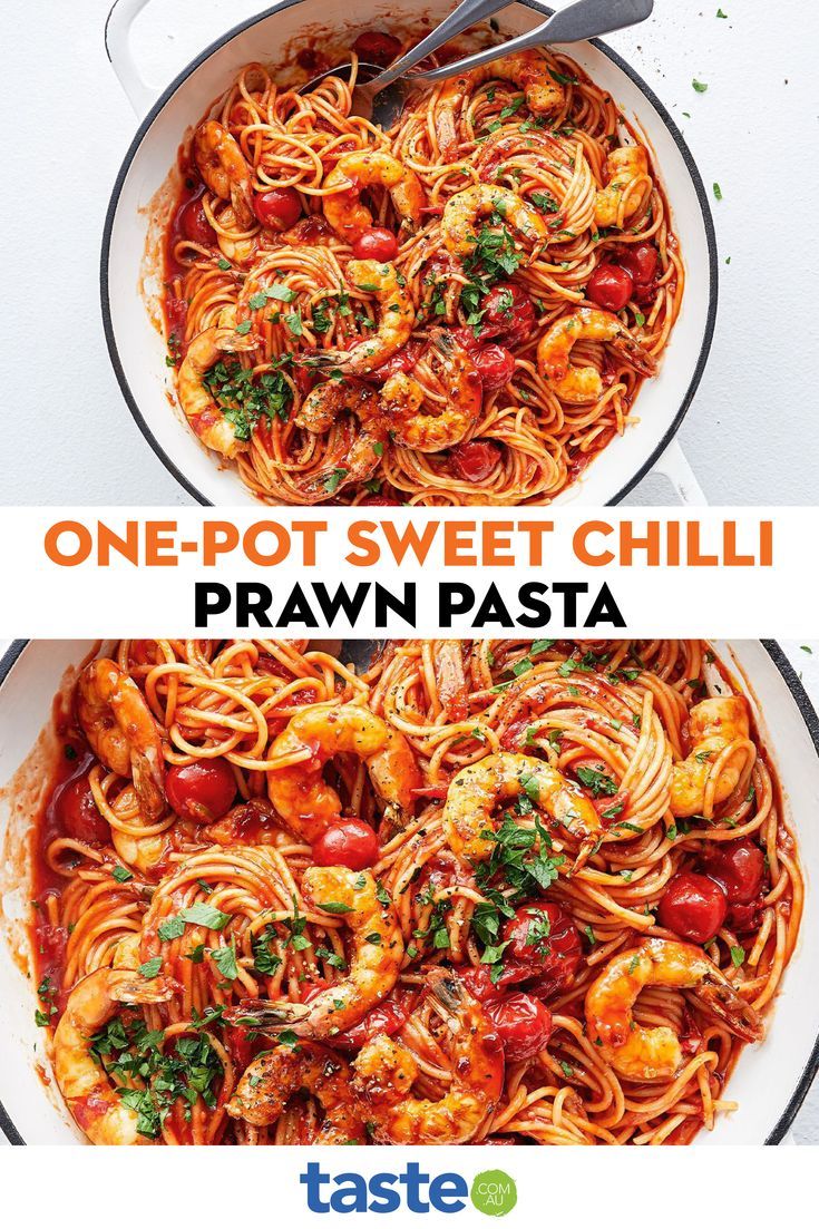 one pot sweet chilli prawn pasta with shrimp and tomatoes