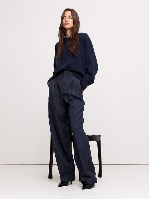 Relaxed Wide-Leg Italian Wool Pant | Banana Republic Wide Suit Pants Outfit, Navy Work Outfits Women, Navy Tailored Pants Outfit, Navy Pinstripe Pants Outfit, Navy Wide Leg Pants Outfit, Navy Monochromatic Outfit, High Waisted Trousers Women, Pinstripe Pants Outfit, Wide Leg Pants Outfit Work