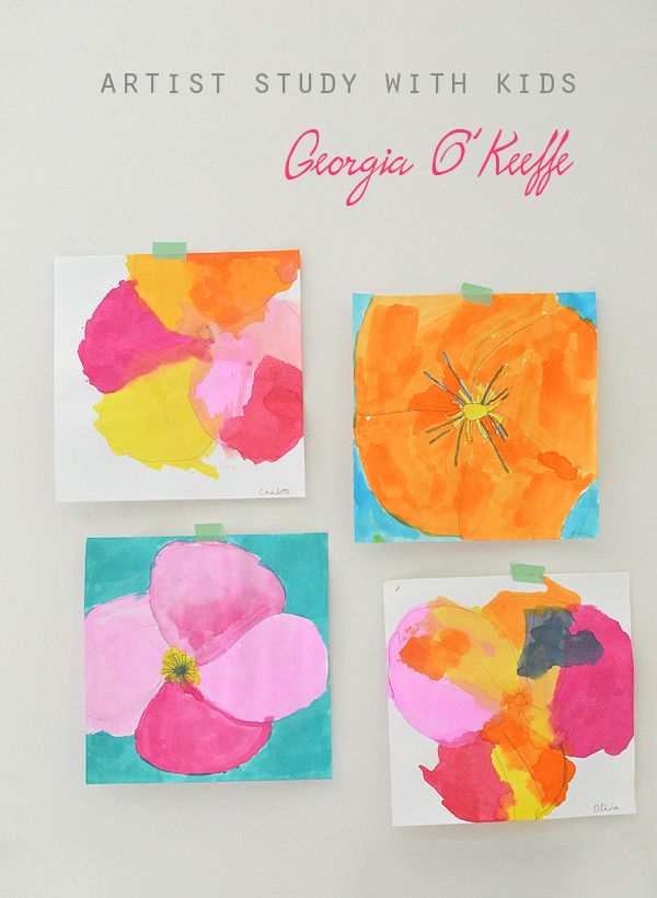 three paintings with flowers painted on them and the words, artist study with kids george o'keeff