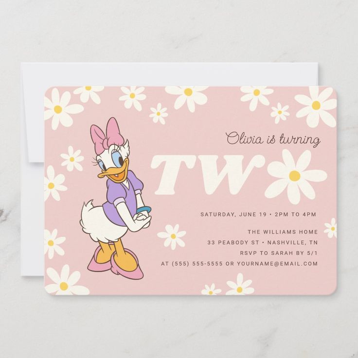 a pink and white daisy ducky birthday party card with the word twp on it