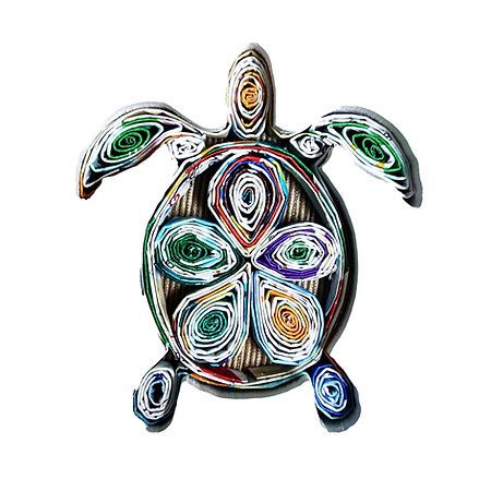 a turtle made out of colored paper on a white background with an intricate design in the center