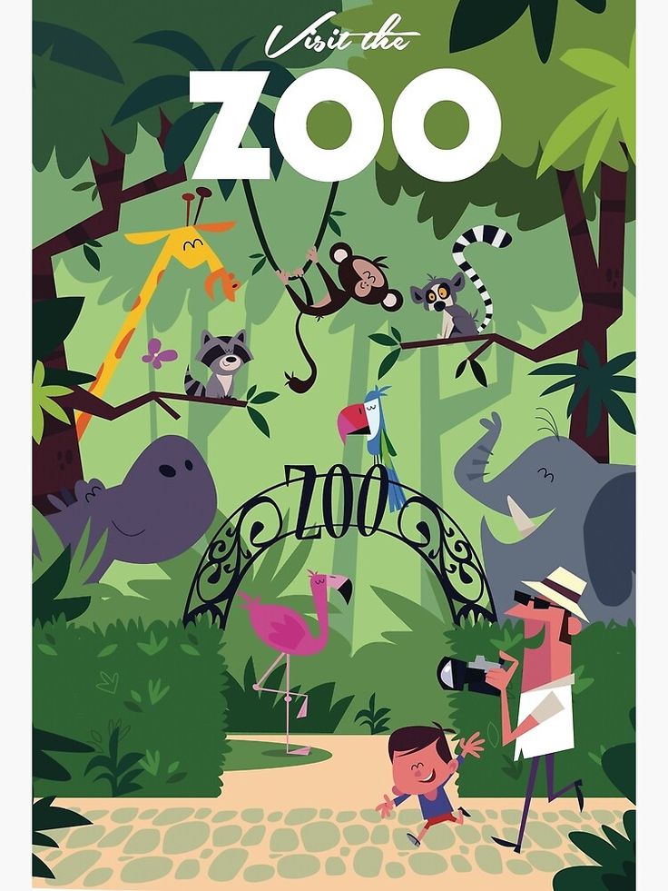 a poster with animals and people in the jungle on it's cover, says get the zoo